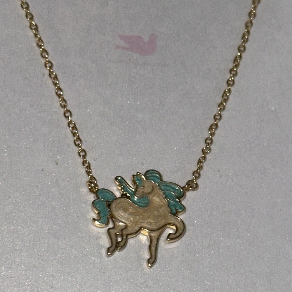 14K Gold Plated Unicorn Enamel Pendant Necklace Teal Cream Hypoallergenic